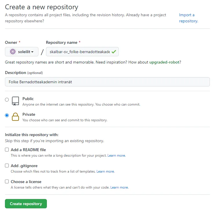Skärmdump från GitHub, bilden visar hur ett nytt repo skapas