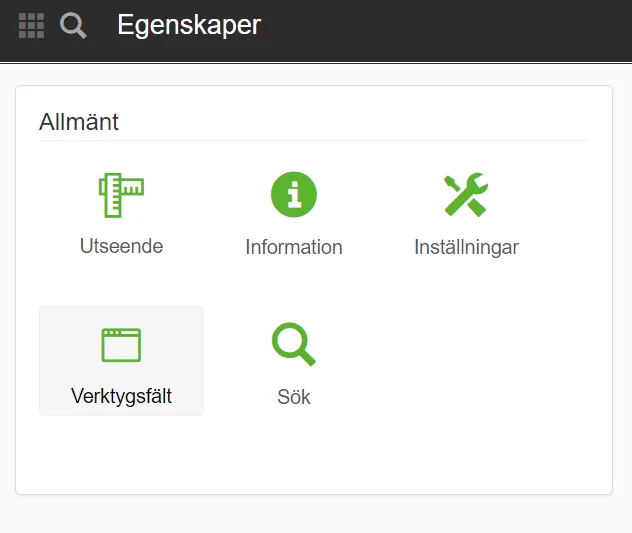 Skärmdump från Sitevision. Visar Verktygsfältet under Egenskaper