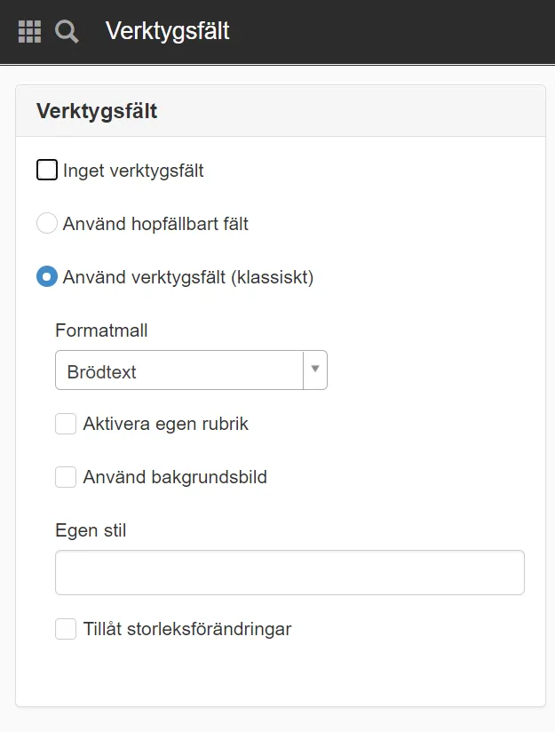 Skärmdump från Sitevision. Visar Verktygsfältets inställningar