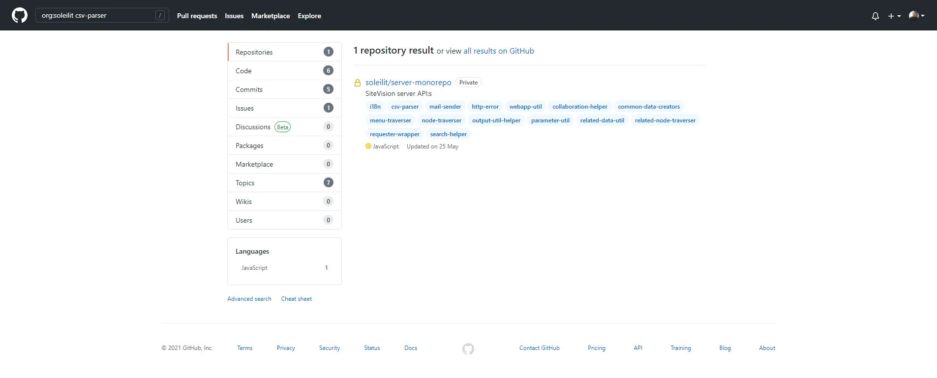 Skärmdump från GitHub, bilden visar ett sökresultat på etiketten csv-parser
