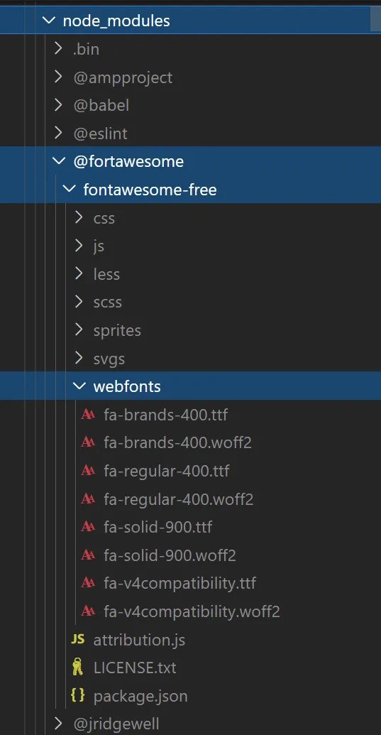 Skärmdump från VS Code; visar sökvägen till FAs webfonts