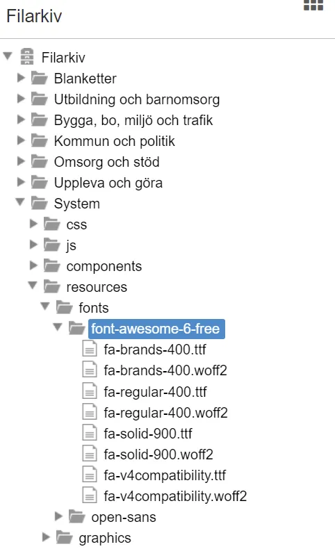 Skärmdump från Sitevision; visar mappen i filarkivet med webfonts