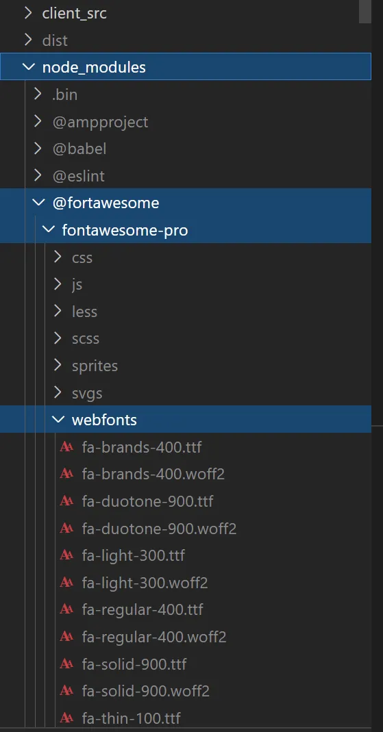 Skärmdump från VS Code; visar sökvägen till FAs webfonts